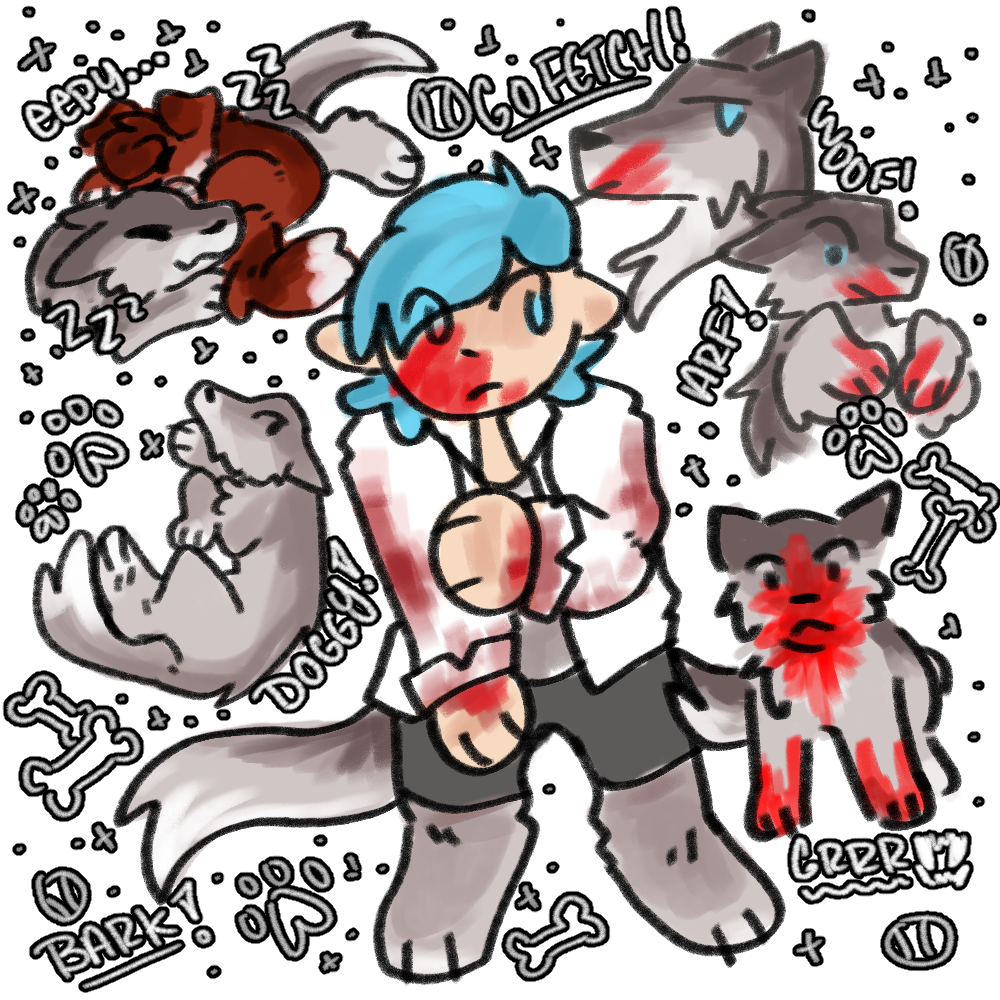 several drawings of scott from vampires smp as a werewolf.